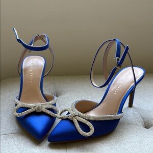 Blue Satin Heels with Rhinestone Bow by Kelly & Katie